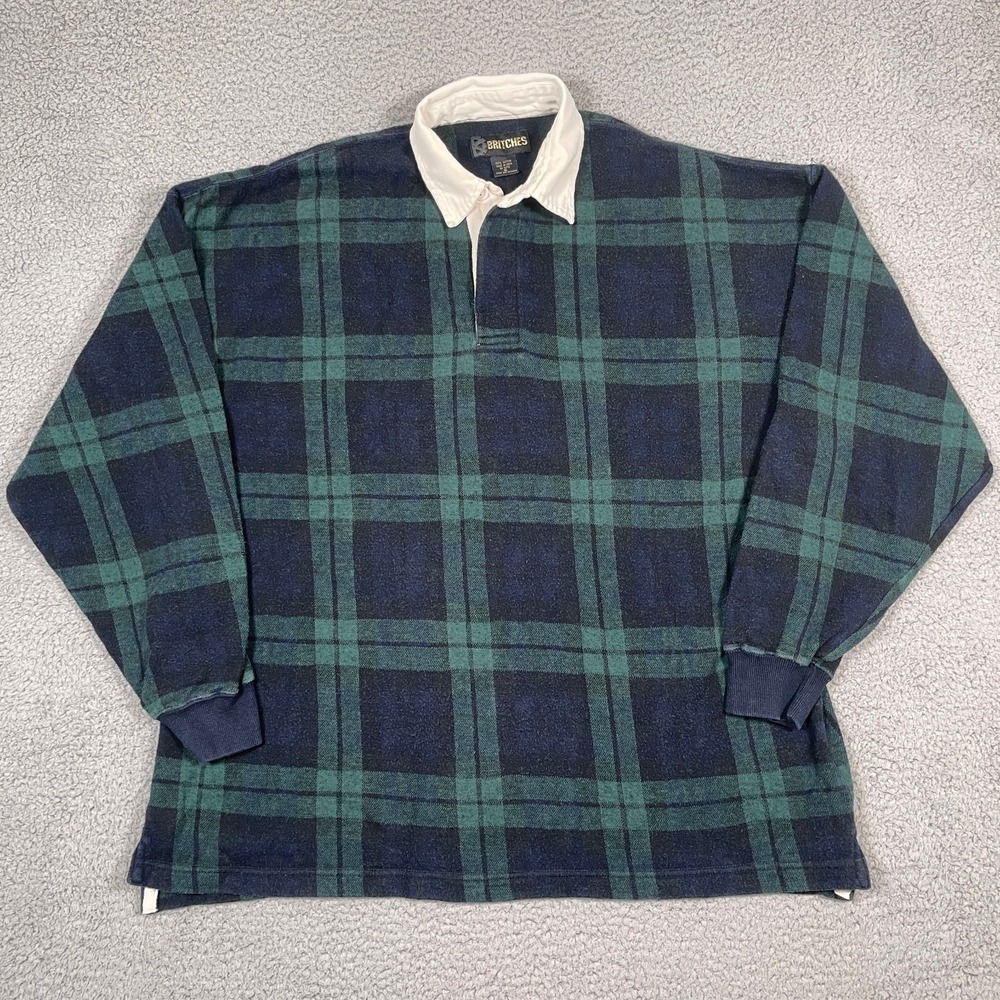 Britches Rugby Shirt Mens S Blackwatch Plaid Heavy Cotton Long Sleeve Polo Prep